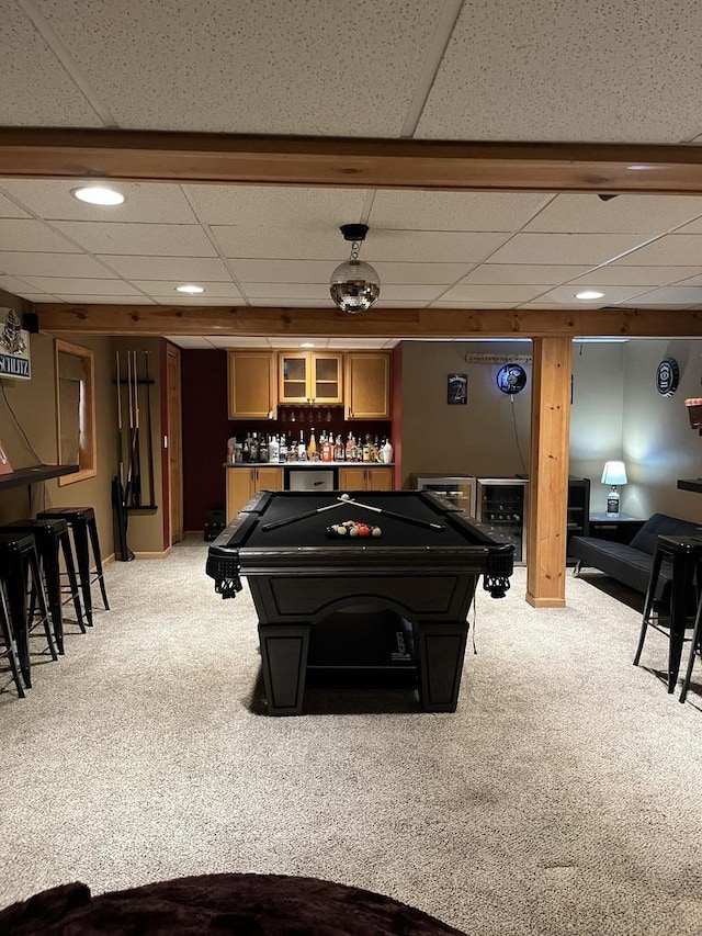 142 Sedgewicke Dr, Romeoville, IL 60446 - game room with light carpet, a dry bar, billiards, a drop ceiling, and recessed lighting