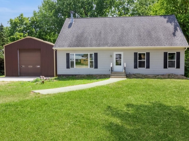 32597 Genoa Rd, Genoa, IL 60135 - cape cod-style house with a garage, an outbuilding, a front lawn, and roof with shingles