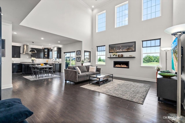 3578 Doral Dr, Elgin, IL 60124 - living area featuring ornamental molding, a lit fireplace, plenty of natural light, dark wood-style floors, and recessed lighting