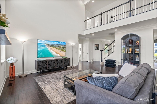 3578 Doral Dr, Elgin, IL 60124 - living room featuring ornamental molding, hardwood / wood-style floors, stairway, recessed lighting, and a high ceiling