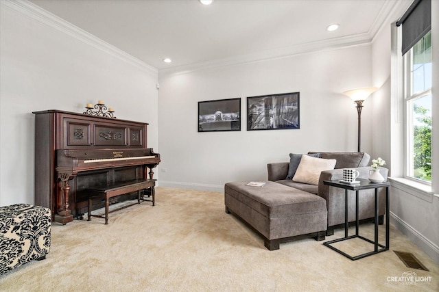 3578 Doral Dr, Elgin, IL 60124 - living area featuring light colored carpet, ornamental molding, and recessed lighting