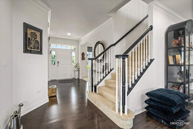 3578 Doral Dr, Elgin, IL 60124 - foyer entrance with crown molding, wood-type flooring, stairway, and recessed lighting