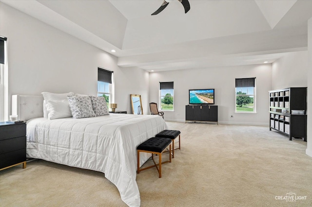3578 Doral Dr, Elgin, IL 60124 - bedroom with multiple windows, light colored carpet, recessed lighting, a high ceiling, and a ceiling fan