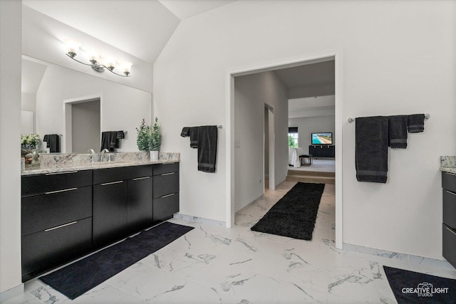 3578 Doral Dr, Elgin, IL 60124 - full bath featuring vanity, marble look tile flooring, and lofted ceiling