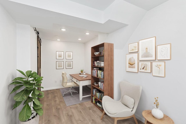 2165 Greystone Pl, Hoffman Estates, IL 60169 - home office with a barn door, light wood-type flooring, and recessed lighting
