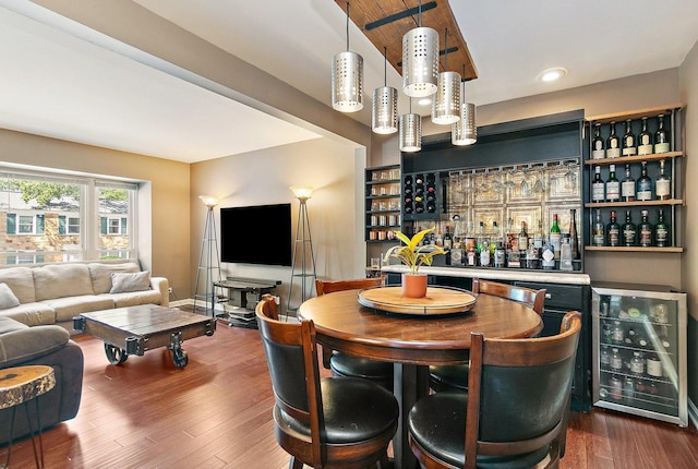 2165 Greystone Pl, Hoffman Estates, IL 60169 - indoor dry bar featuring beverage cooler, dark wood-style flooring, hanging light fixtures, and recessed lighting