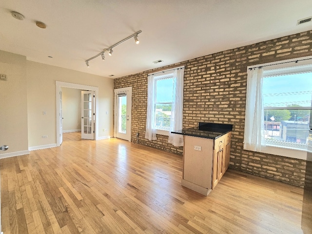 2537.5 Prairie Ave Unit 3N, Evanston, IL 60201 - unfurnished living room with brick wall, light wood finished floors, track lighting, french doors, and a fireplace