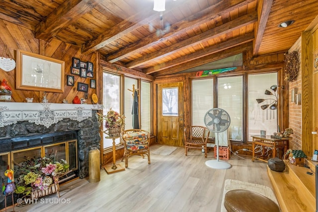 14119 W Maple Rd, Mokena, IL 60448 - living area with wooden ceiling, wooden walls, wood finished floors, and a fireplace