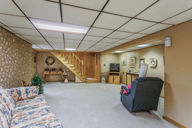 14119 W Maple Rd, Mokena, IL 60448 - living area featuring stairs, carpet floors, and a paneled ceiling