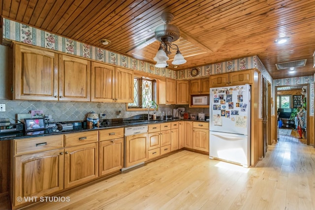 14119 W Maple Rd, Mokena, IL 60448 - kitchen featuring white appliances, wood ceiling, light wood-style flooring, tasteful backsplash, and wallpapered walls