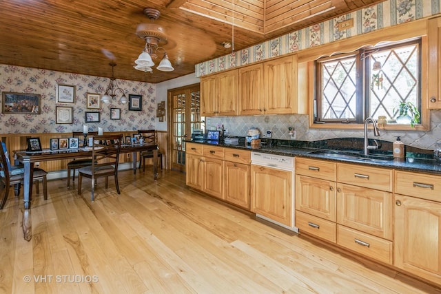 14119 W Maple Rd, Mokena, IL 60448 - kitchen featuring dishwasher, wood ceiling, wallpapered walls, plenty of natural light, and light wood-style floors