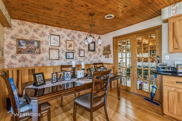 14119 W Maple Rd, Mokena, IL 60448 - office area featuring wainscoting, wood ceiling, light wood finished floors, french doors, and wallpapered walls