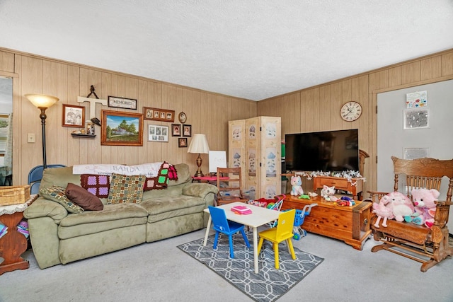 107 N Elm St, Gardner, IL 60424 - carpeted living area featuring wood walls, a textured ceiling, and ornamental molding