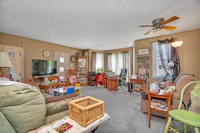 107 N Elm St, Gardner, IL 60424 - carpeted living room with wooden walls, a ceiling fan, and a textured ceiling