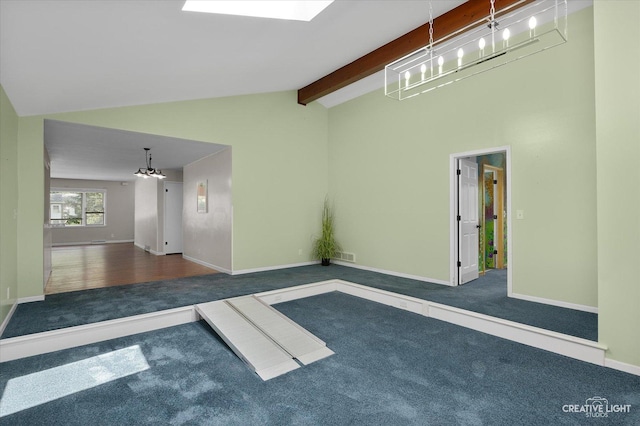 306 Hillside Pl, North Aurora, IL 60542 - unfurnished room with carpet, a chandelier, beamed ceiling, and high vaulted ceiling