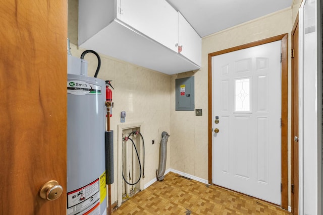 319 N Third St, Fisher, IL 61843 - washroom featuring cabinet space, water heater, electric panel, and washer hookup