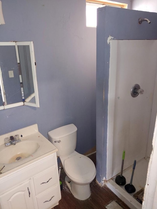 bathroom with a stall shower, vanity, and wood finished floors