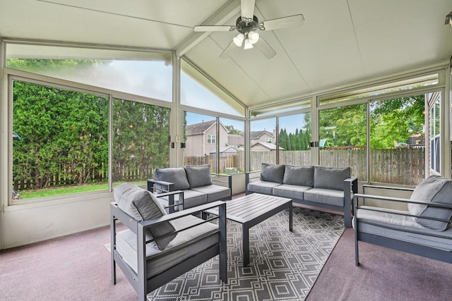 1643 Warrington Ln, Crystal Lake, IL 60014 - sunroom featuring an outdoor hangout area, ceiling fan, and vaulted ceiling