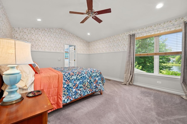 1639 Brower Pl, Sycamore, IL 60178 - bedroom featuring wallpapered walls, a wainscoted wall, vaulted ceiling, carpet floors, and recessed lighting