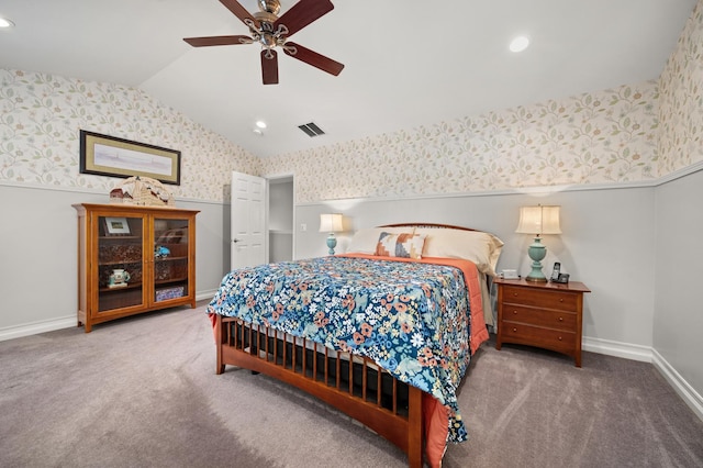 1639 Brower Pl, Sycamore, IL 60178 - carpeted bedroom with wallpapered walls, vaulted ceiling, a ceiling fan, and recessed lighting