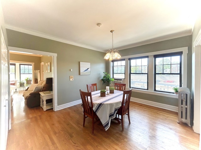 629 Garfield St Unit 1N, Oak Park, IL 60304 - dining space featuring radiator, a chandelier, light wood-type flooring, and crown molding