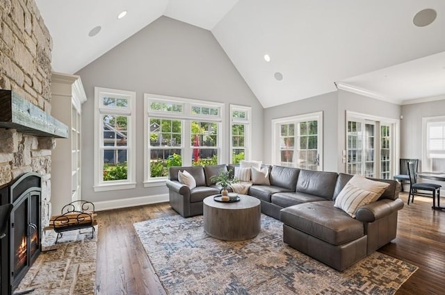 924 Linden Ave, Wilmette, IL 60091 - living room with a fireplace, high vaulted ceiling, wood-type flooring, and recessed lighting