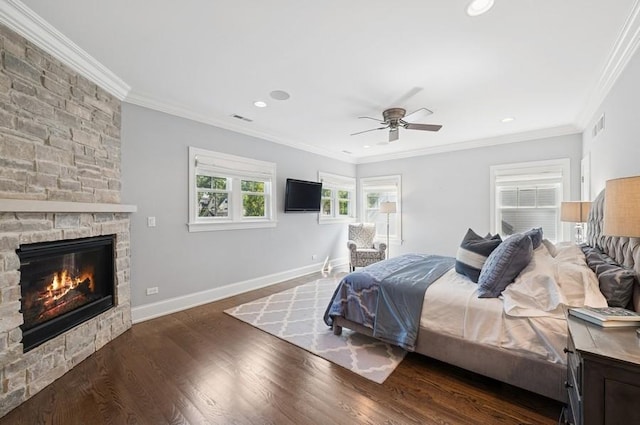 924 Linden Ave, Wilmette, IL 60091 - bedroom featuring a fireplace, ornamental molding, wood finished floors, recessed lighting, and a ceiling fan