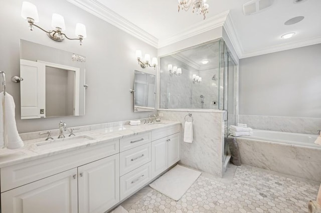 924 Linden Ave, Wilmette, IL 60091 - full bathroom with a shower stall, a garden tub, double vanity, ornamental molding, and a chandelier