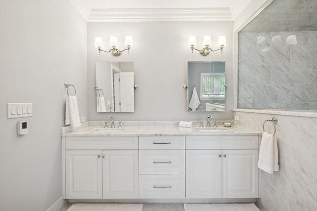 924 Linden Ave, Wilmette, IL 60091 - bathroom featuring crown molding and double vanity