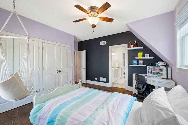 924 Linden Ave, Wilmette, IL 60091 - bedroom with wood finished floors, ceiling fan, connected bathroom, and two closets