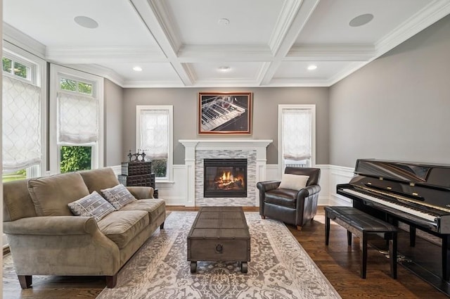 924 Linden Ave, Wilmette, IL 60091 - living room featuring dark wood-style floors, beamed ceiling, a glass covered fireplace, wainscoting, and crown molding