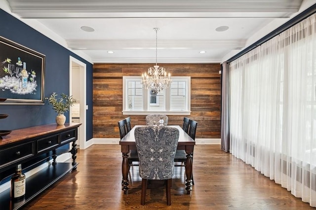 924 Linden Ave, Wilmette, IL 60091 - dining space with a chandelier, beam ceiling, wooden walls, and wood finished floors