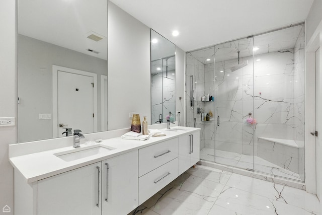 1437 W Grand Ave Unit 1S, Chicago, IL 60642 - full bathroom featuring marble finish flooring, a marble finish shower, double vanity, and recessed lighting