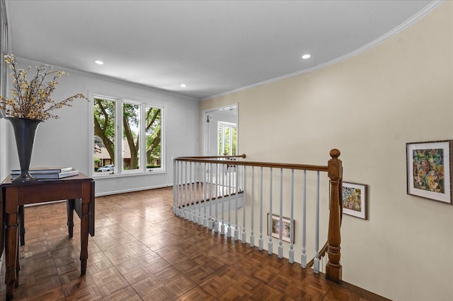 67 Brandon Rd, Northfield, IL 60093 - corridor featuring an upstairs landing, ornamental molding, and recessed lighting