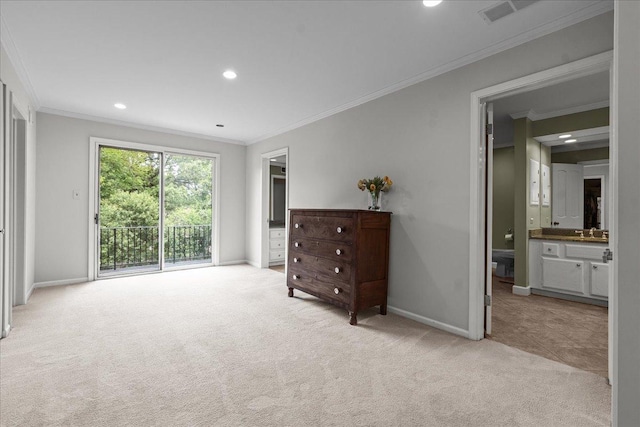 67 Brandon Rd, Northfield, IL 60093 - carpeted bedroom featuring access to outside, crown molding, recessed lighting, and ensuite bathroom