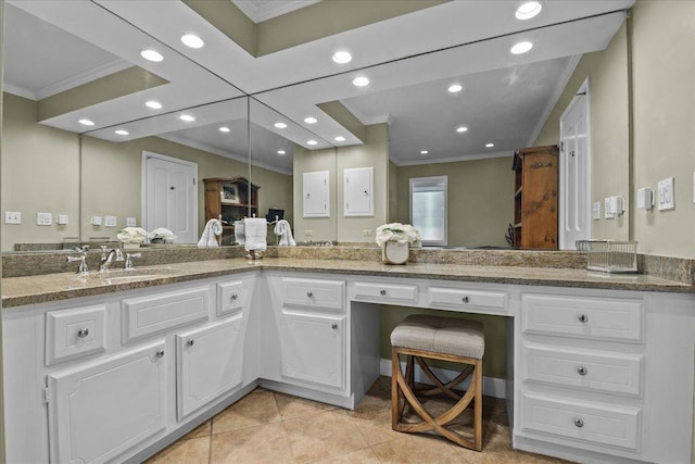 67 Brandon Rd, Northfield, IL 60093 - bathroom with ornamental molding, recessed lighting, tile patterned flooring, and double vanity