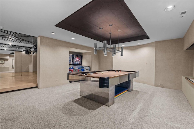 67 Brandon Rd, Northfield, IL 60093 - rec room with a tray ceiling, carpet, billiards, and recessed lighting