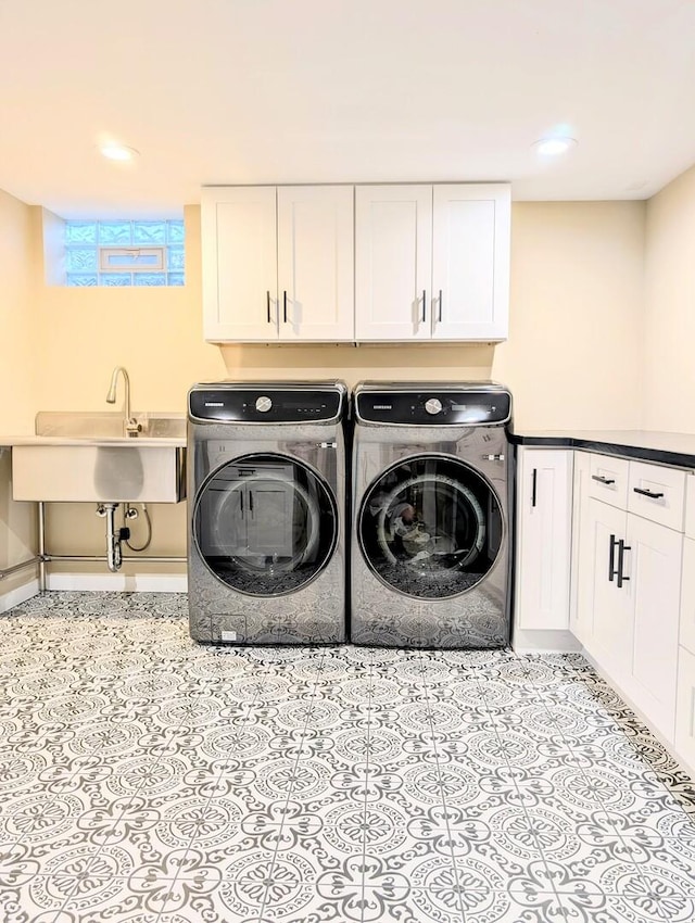 8049 Country Club Ln, North Riverside, IL 60546 - laundry area featuring cabinet space, washing machine and clothes dryer, recessed lighting, and tile patterned flooring