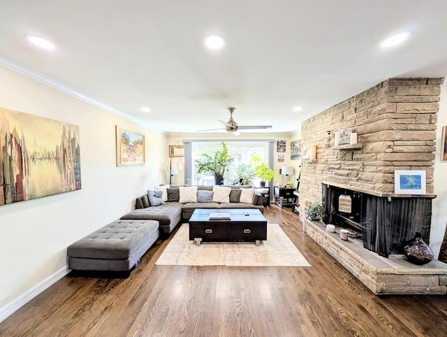 8049 Country Club Ln, North Riverside, IL 60546 - living room featuring a fireplace, a ceiling fan, wood finished floors, ornamental molding, and recessed lighting