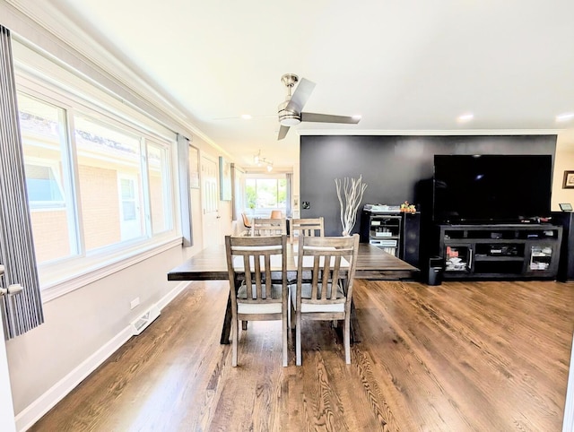 8049 Country Club Ln, North Riverside, IL 60546 - dining room with a ceiling fan, wood finished floors, ornamental molding, and recessed lighting