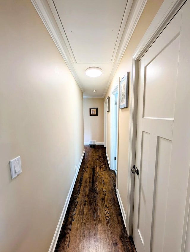 8049 Country Club Ln, North Riverside, IL 60546 - corridor featuring attic access, dark wood-style floors, and ornamental molding