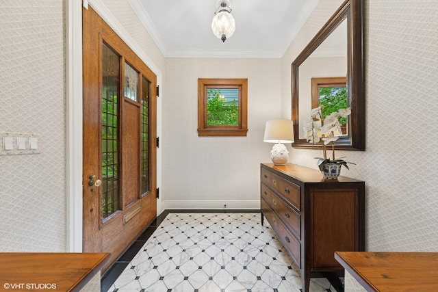 1419 Judson Ave, Evanston, IL 60201 - foyer entrance with ornamental molding, plenty of natural light, and wallpapered walls