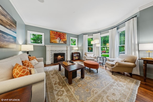 1419 Judson Ave, Evanston, IL 60201 - living area with ornamental molding, healthy amount of natural light, wood finished floors, and a stone fireplace
