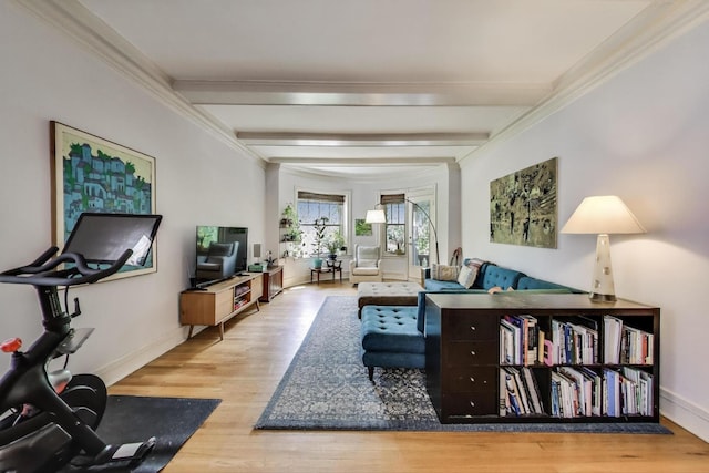 5502 S Hyde Park Blvd Unit 2, Chicago, IL 60637 - living room with beamed ceiling, wood finished floors, and ornamental molding