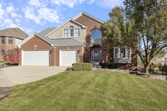 3412 Sunnyside Ct, Naperville, IL 60564 - traditional-style house with driveway, an attached garage, brick siding, and stone siding