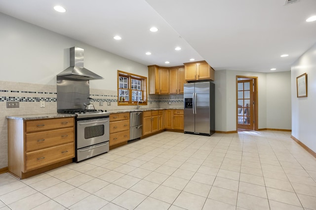 3412 Sunnyside Ct, Naperville, IL 60564 - kitchen featuring extractor fan, appliances with stainless steel finishes, recessed lighting, decorative backsplash, and light stone countertops