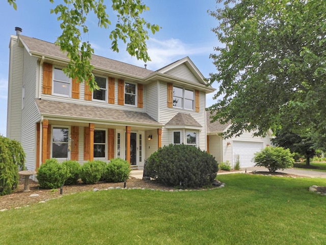 1637 Old Field Ct, Rockton, IL 61072 - traditional home with a front lawn, covered porch, driveway, roof with shingles, and a garage