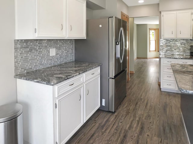 1637 Old Field Ct, Rockton, IL 61072 - kitchen featuring white cabinetry, dark wood finished floors, dark stone counters, backsplash, and recessed lighting