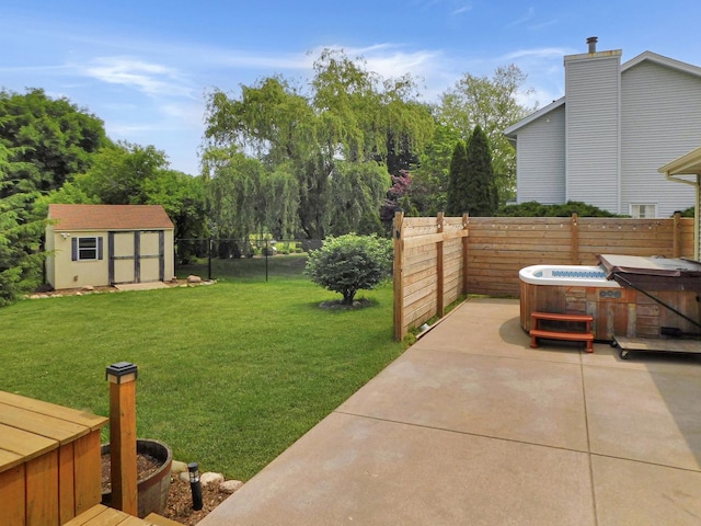 1637 Old Field Ct, Rockton, IL 61072 - fenced backyard with a hot tub, a patio area, and a shed