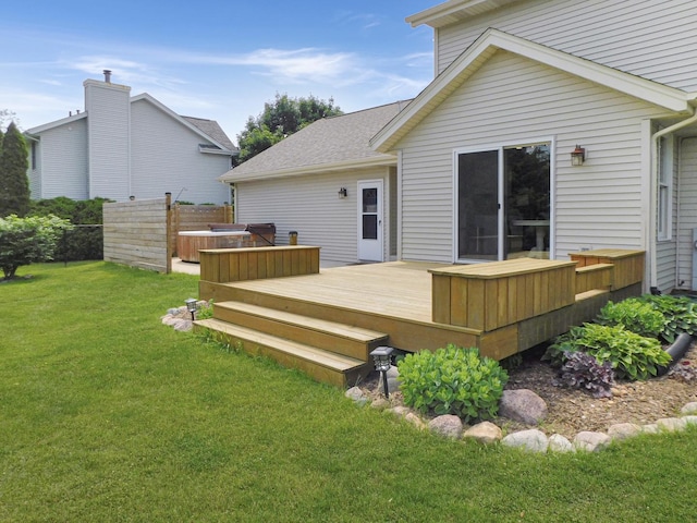 1637 Old Field Ct, Rockton, IL 61072 - back of house with a hot tub, a wooden deck, a lawn, and roof with shingles